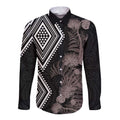 Aotearoa Tukutuku Motif Long Sleeve Button Shirt Pohutukawa and Fern Leaves Grayscale Color