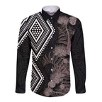 Aotearoa Tukutuku Motif Long Sleeve Button Shirt Pohutukawa and Fern Leaves Grayscale Color