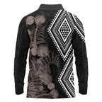 Aotearoa Tukutuku Motif Long Sleeve Polo Shirt Pohutukawa and Fern Leaves Grayscale Color