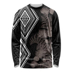 Aotearoa Tukutuku Motif Long Sleeve Shirt Pohutukawa and Fern Leaves Grayscale Color