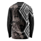 Aotearoa Tukutuku Motif Long Sleeve Shirt Pohutukawa and Fern Leaves Grayscale Color