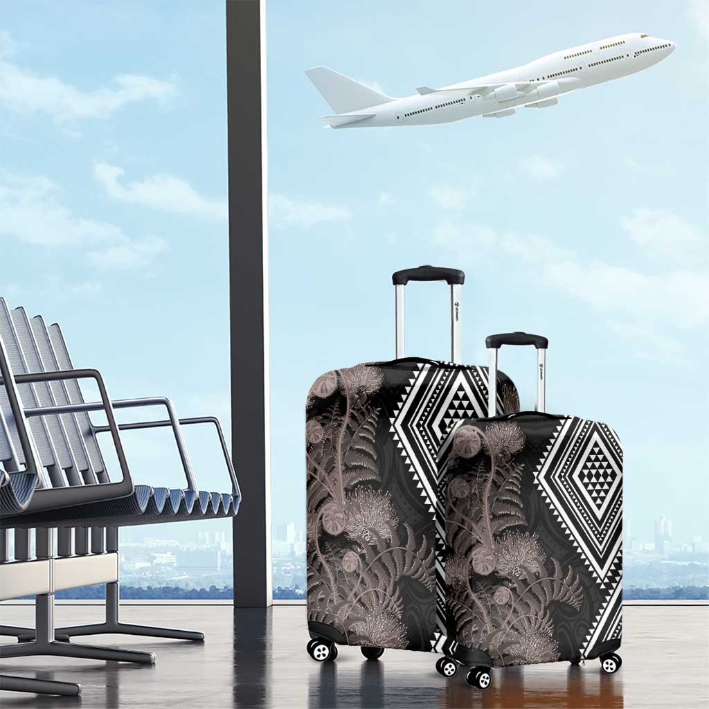 Aotearoa Tukutuku Motif Luggage Cover Pohutukawa and Fern Leaves Grayscale Color