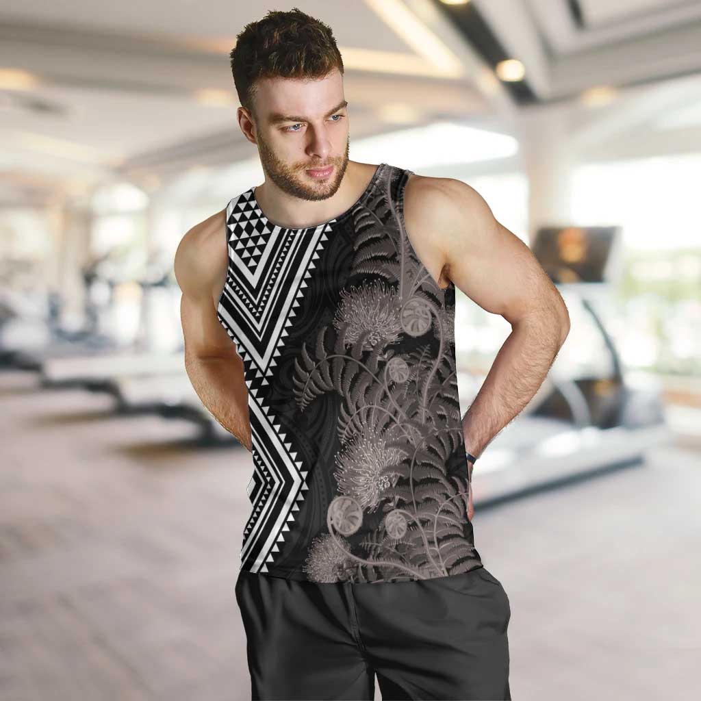 Aotearoa Tukutuku Motif Men Tank Top Pohutukawa and Fern Leaves Grayscale Color