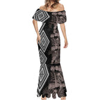 Aotearoa Tukutuku Motif Mermaid Dress Pohutukawa and Fern Leaves Grayscale Color