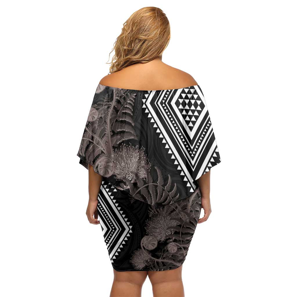 Aotearoa Tukutuku Motif Off Shoulder Short Dress Pohutukawa and Fern Leaves Grayscale Color