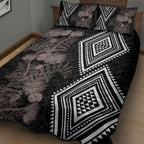Aotearoa Tukutuku Motif Quilt Bed Set Pohutukawa and Fern Leaves Grayscale Color