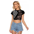 Aotearoa Tukutuku Motif Raglan Cropped T Shirt Pohutukawa and Fern Leaves Grayscale Color