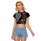 Aotearoa Tukutuku Motif Raglan Cropped T Shirt Pohutukawa and Fern Leaves Grayscale Color