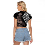 Aotearoa Tukutuku Motif Raglan Cropped T Shirt Pohutukawa and Fern Leaves Grayscale Color