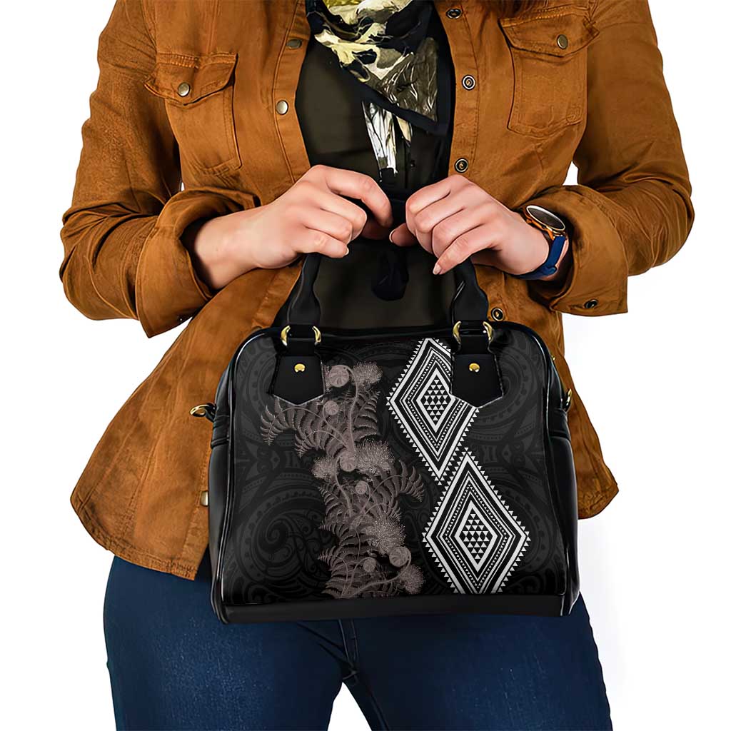 Aotearoa Tukutuku Motif Shoulder Handbag Pohutukawa and Fern Leaves Grayscale Color