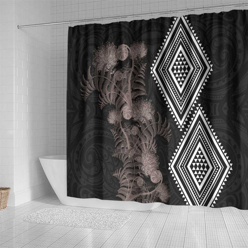 Aotearoa Tukutuku Motif Shower Curtain Pohutukawa and Fern Leaves Grayscale Color