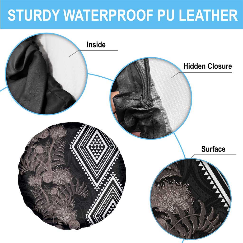 Aotearoa Tukutuku Motif Spare Tire Cover Pohutukawa and Fern Leaves Grayscale Color