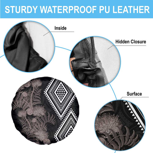Aotearoa Tukutuku Motif Spare Tire Cover Pohutukawa and Fern Leaves Grayscale Color