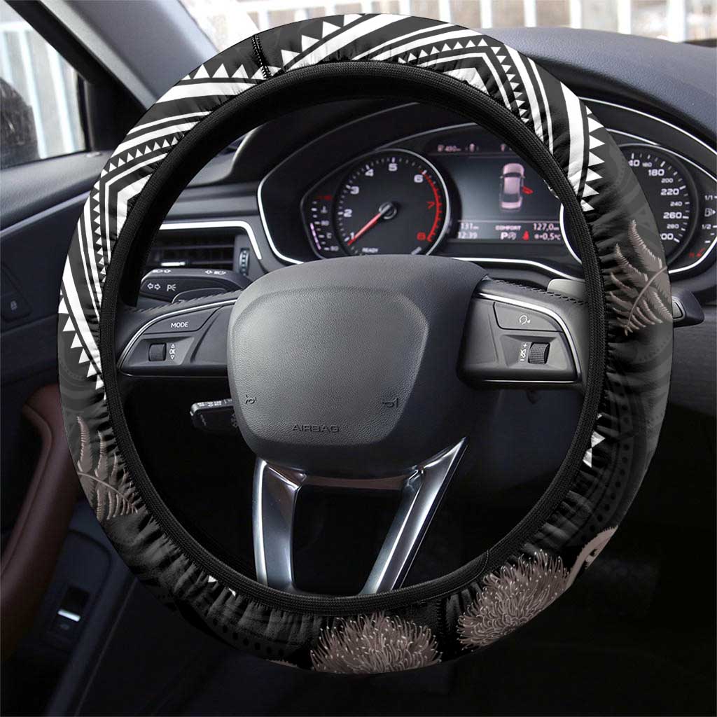 Aotearoa Tukutuku Motif Steering Wheel Cover Pohutukawa and Fern Leaves Grayscale Color