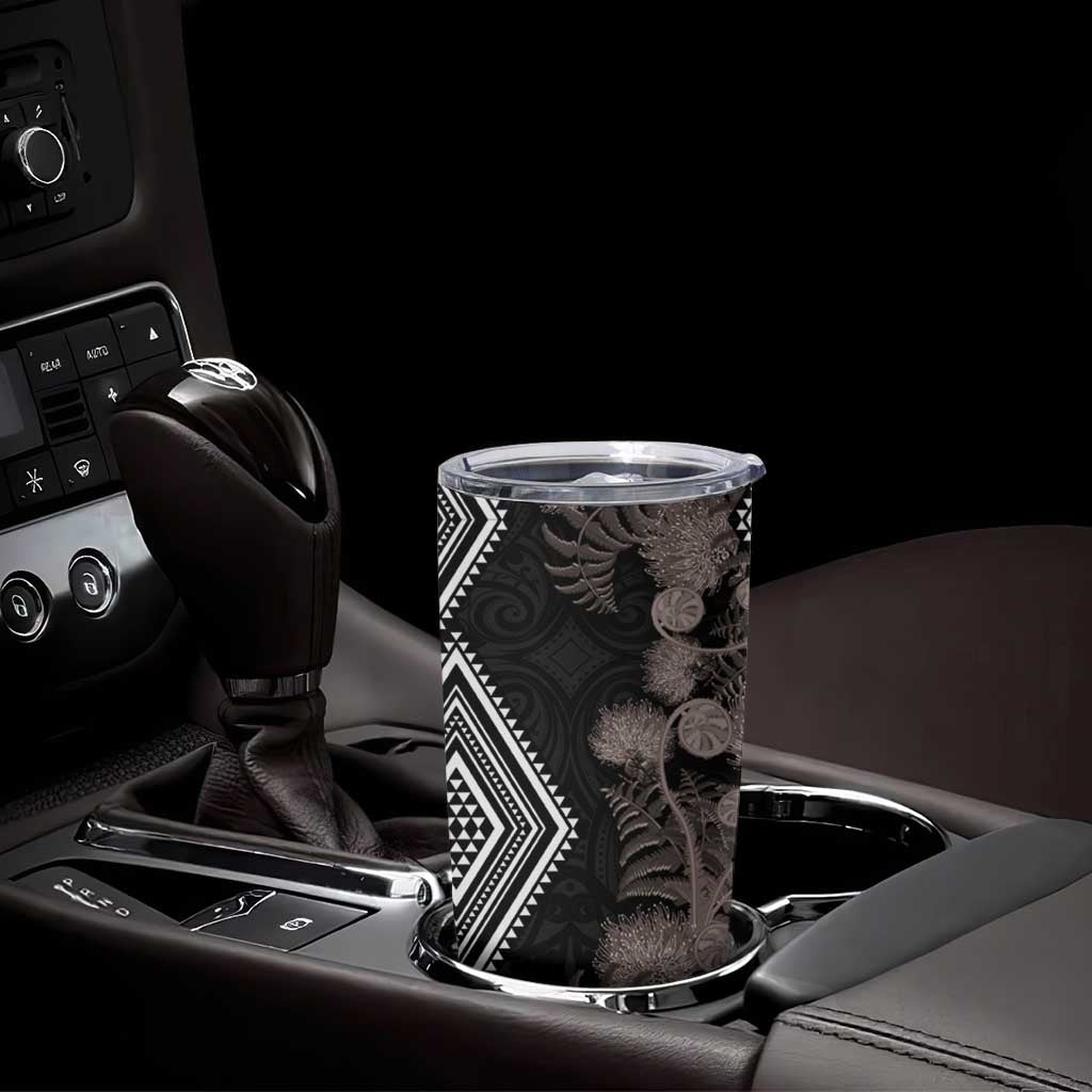 Aotearoa Tukutuku Motif Tumbler Cup Pohutukawa and Fern Leaves Grayscale Color