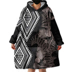 Aotearoa Tukutuku Motif Wearable Blanket Hoodie Pohutukawa and Fern Leaves Grayscale Color