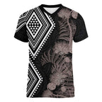 Aotearoa Tukutuku Motif Women V-Neck T-Shirt Pohutukawa and Fern Leaves Grayscale Color