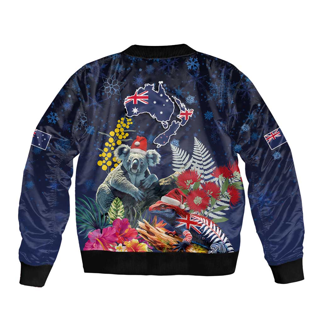 Australia and New Zealand Bomber Jacket Merry Christmas-Tuatara and Koala with Plants Xmas Style