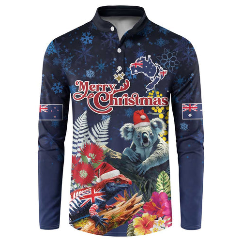 Australia and New Zealand Button Sweatshirt Merry Christmas-Tuatara and Koala with Plants Xmas Style