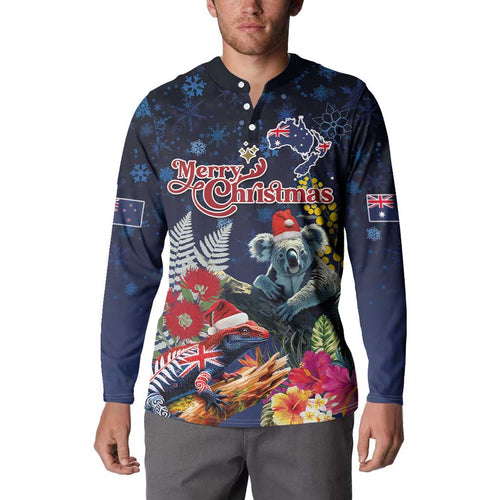 Australia and New Zealand Button Sweatshirt Merry Christmas-Tuatara and Koala with Plants Xmas Style