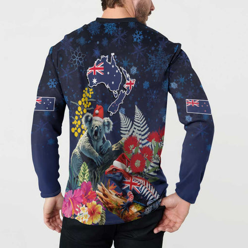 Australia and New Zealand Button Sweatshirt Merry Christmas-Tuatara and Koala with Plants Xmas Style