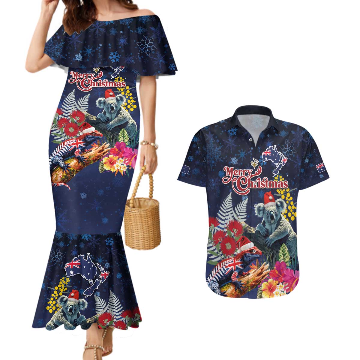 Australia and New Zealand Couples Matching Mermaid Dress and Hawaiian Shirt Merry Christmas-Tuatara and Koala with Plants Xmas Style