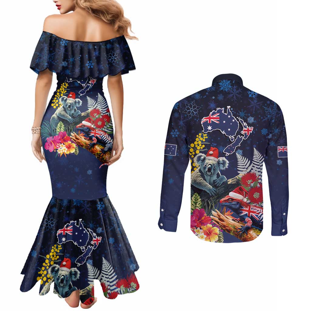 Australia and New Zealand Couples Matching Mermaid Dress and Long Sleeve Button Shirt Merry Christmas-Tuatara and Koala with Plants Xmas Style