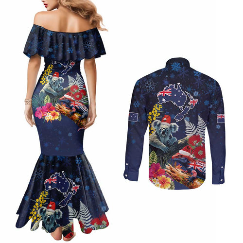 Australia and New Zealand Couples Matching Mermaid Dress and Long Sleeve Button Shirt Merry Christmas-Tuatara and Koala with Plants Xmas Style
