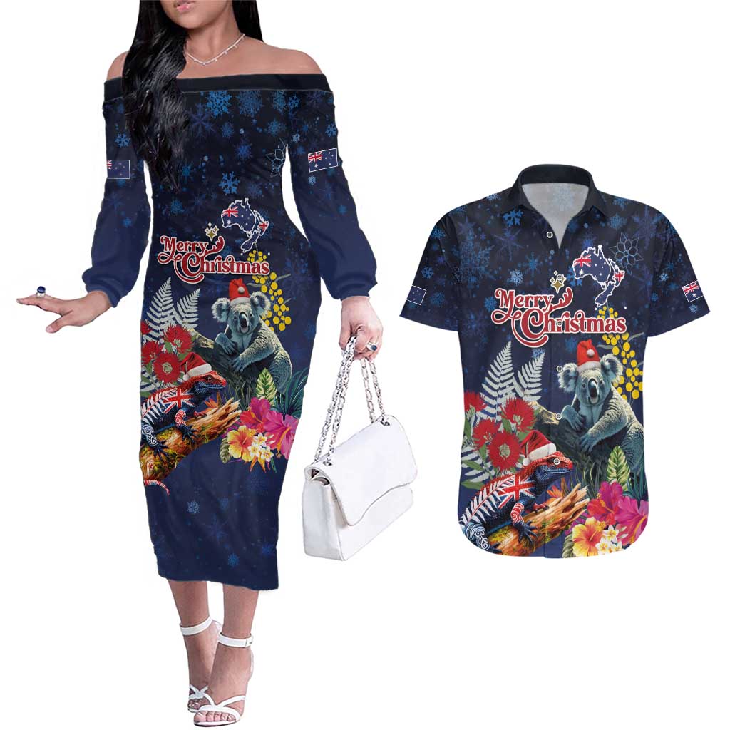 Australia and New Zealand Couples Matching Off The Shoulder Long Sleeve Dress and Hawaiian Shirt Merry Christmas-Tuatara and Koala with Plants Xmas Style