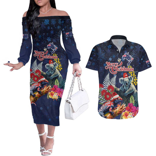 Australia and New Zealand Couples Matching Off The Shoulder Long Sleeve Dress and Hawaiian Shirt Merry Christmas-Tuatara and Koala with Plants Xmas Style