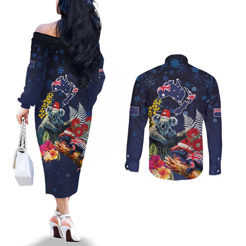 Australia and New Zealand Couples Matching Off The Shoulder Long Sleeve Dress and Long Sleeve Button Shirt Merry Christmas-Tuatara and Koala with Plants Xmas Style