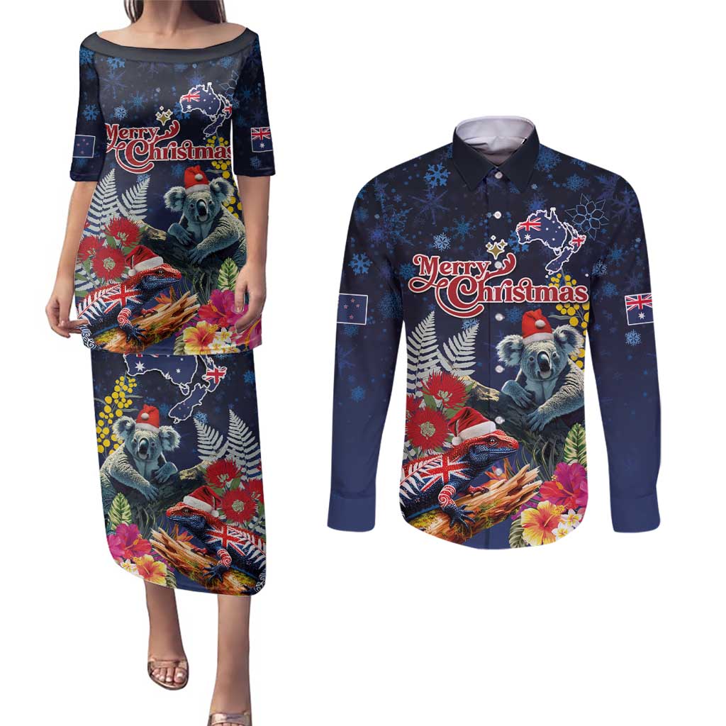 Australia and New Zealand Couples Matching Puletasi and Long Sleeve Button Shirt Merry Christmas-Tuatara and Koala with Plants Xmas Style