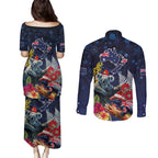 Australia and New Zealand Couples Matching Puletasi and Long Sleeve Button Shirt Merry Christmas-Tuatara and Koala with Plants Xmas Style