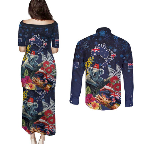 Australia and New Zealand Couples Matching Puletasi and Long Sleeve Button Shirt Merry Christmas-Tuatara and Koala with Plants Xmas Style