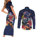 Australia and New Zealand Couples Matching Short Sleeve Bodycon Dress and Long Sleeve Button Shirt Merry Christmas-Tuatara and Koala with Plants Xmas Style