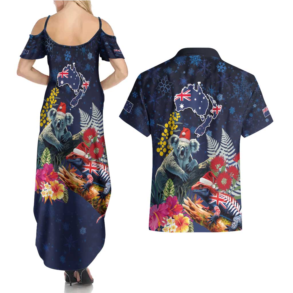 Australia and New Zealand Couples Matching Summer Maxi Dress and Hawaiian Shirt Merry Christmas-Tuatara and Koala with Plants Xmas Style