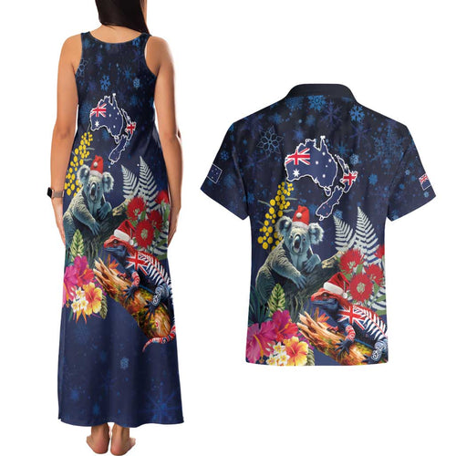 Australia and New Zealand Couples Matching Tank Maxi Dress and Hawaiian Shirt Merry Christmas-Tuatara and Koala with Plants Xmas Style