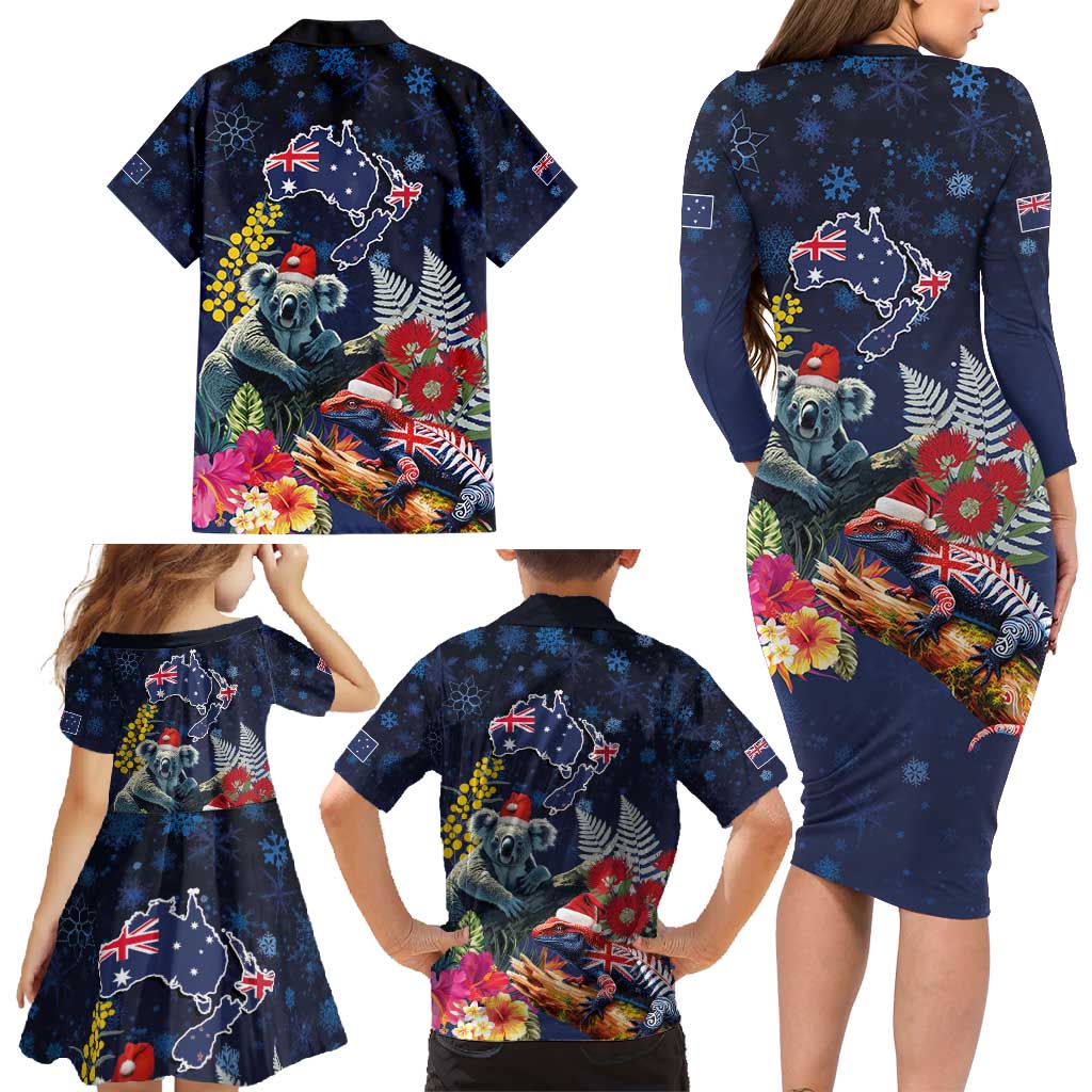 Australia and New Zealand Family Matching Long Sleeve Bodycon Dress and Hawaiian Shirt Merry Christmas-Tuatara and Koala with Plants Xmas Style