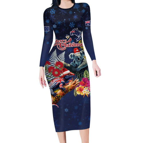 Australia and New Zealand Family Matching Long Sleeve Bodycon Dress and Hawaiian Shirt Merry Christmas-Tuatara and Koala with Plants Xmas Style