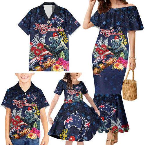 Australia and New Zealand Family Matching Mermaid Dress and Hawaiian Shirt Merry Christmas-Tuatara and Koala with Plants Xmas Style