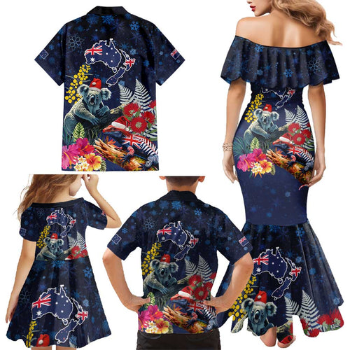 Australia and New Zealand Family Matching Mermaid Dress and Hawaiian Shirt Merry Christmas-Tuatara and Koala with Plants Xmas Style
