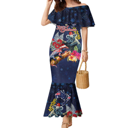Australia and New Zealand Family Matching Mermaid Dress and Hawaiian Shirt Merry Christmas-Tuatara and Koala with Plants Xmas Style