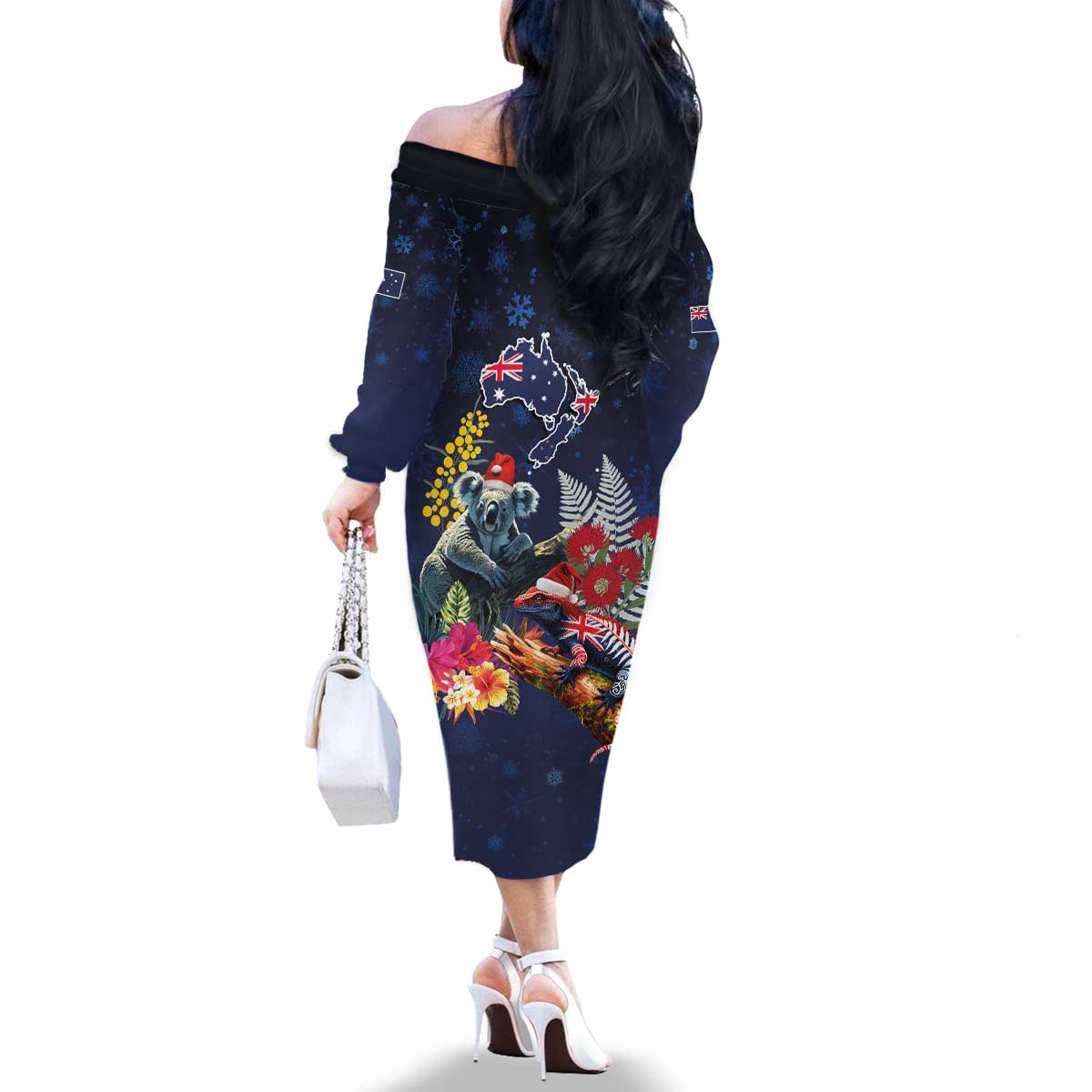 Australia and New Zealand Family Matching Off The Shoulder Long Sleeve Dress and Hawaiian Shirt Merry Christmas-Tuatara and Koala with Plants Xmas Style