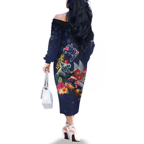 Australia and New Zealand Family Matching Off The Shoulder Long Sleeve Dress and Hawaiian Shirt Merry Christmas-Tuatara and Koala with Plants Xmas Style