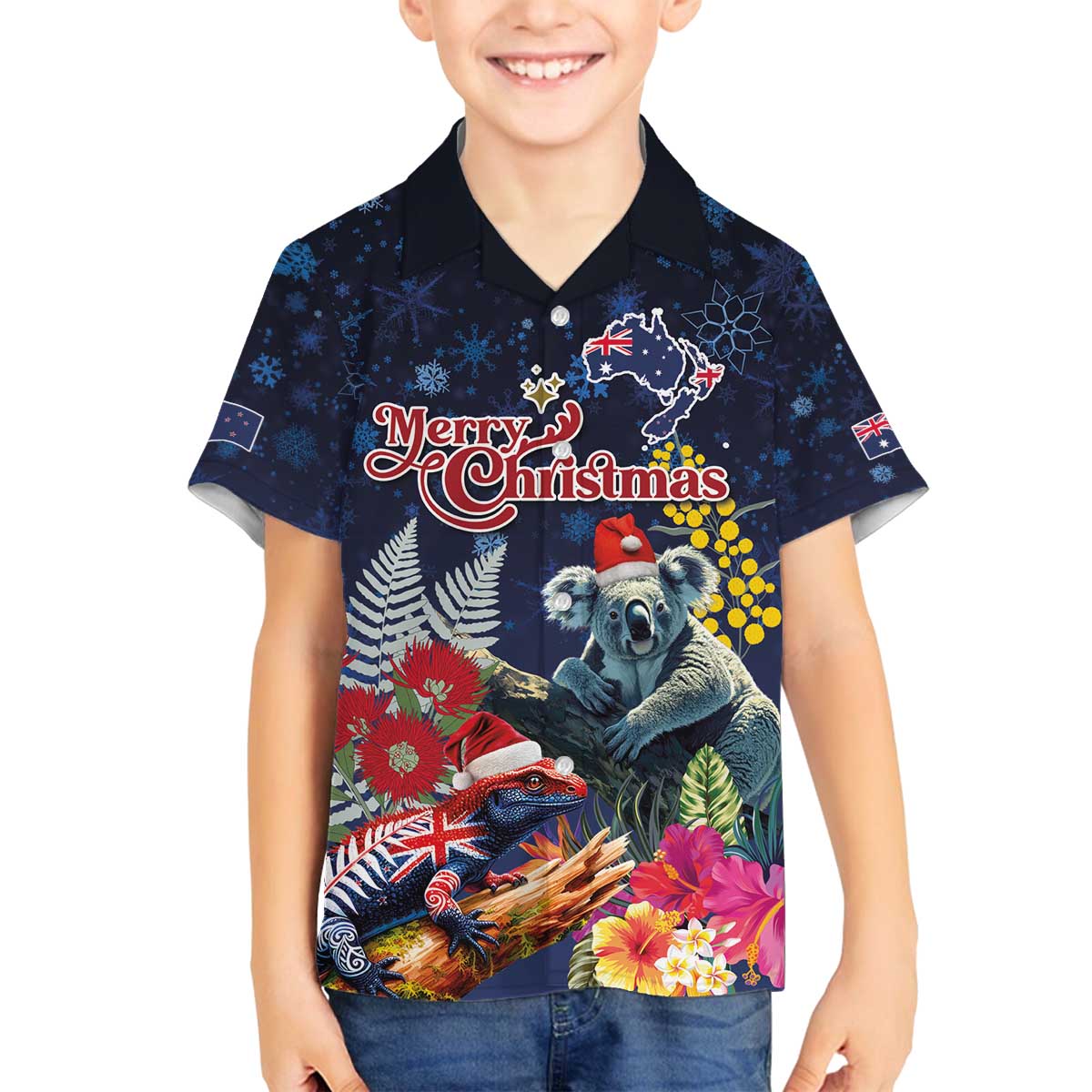 Australia and New Zealand Family Matching Off The Shoulder Long Sleeve Dress and Hawaiian Shirt Merry Christmas-Tuatara and Koala with Plants Xmas Style