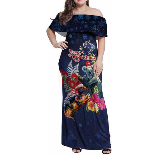 Australia and New Zealand Family Matching Off Shoulder Maxi Dress and Hawaiian Shirt Merry Christmas-Tuatara and Koala with Plants Xmas Style
