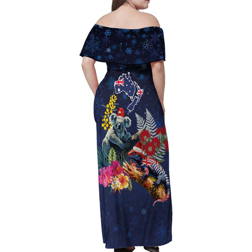 Australia and New Zealand Family Matching Off Shoulder Maxi Dress and Hawaiian Shirt Merry Christmas-Tuatara and Koala with Plants Xmas Style