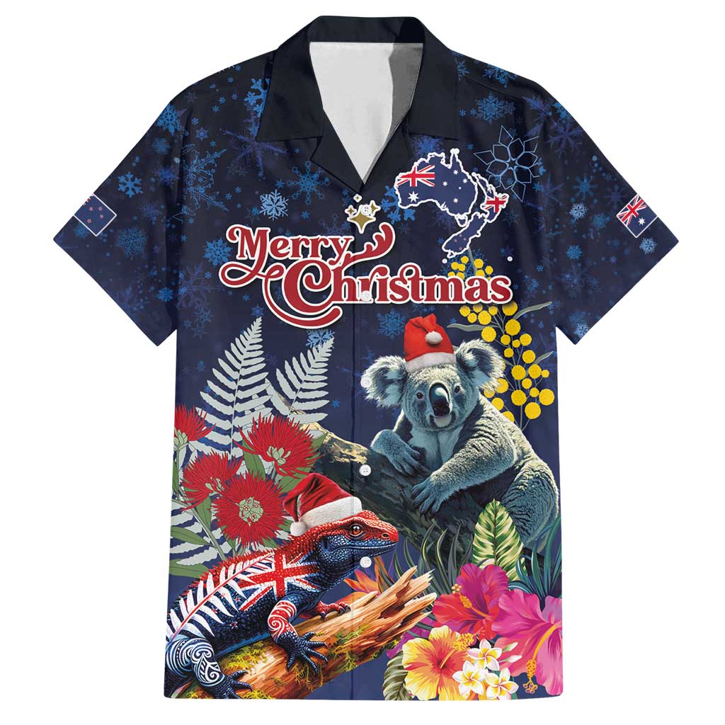 Australia and New Zealand Family Matching Off Shoulder Short Dress and Hawaiian Shirt Merry Christmas-Tuatara and Koala with Plants Xmas Style