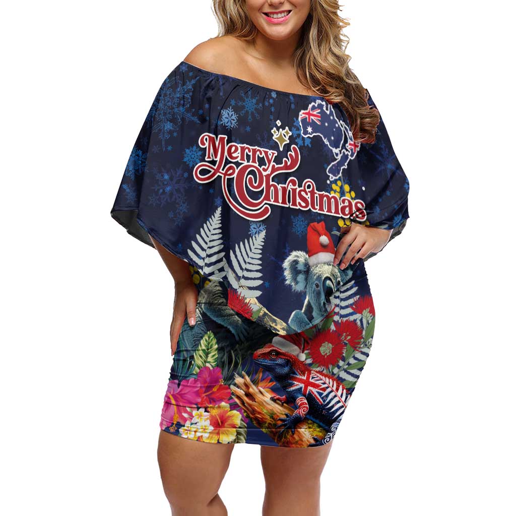 Australia and New Zealand Family Matching Off Shoulder Short Dress and Hawaiian Shirt Merry Christmas-Tuatara and Koala with Plants Xmas Style