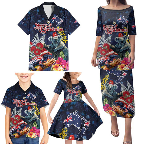 Australia and New Zealand Family Matching Puletasi and Hawaiian Shirt Merry Christmas-Tuatara and Koala with Plants Xmas Style